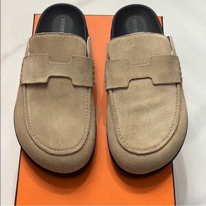 Hermes Beige Suede Mules